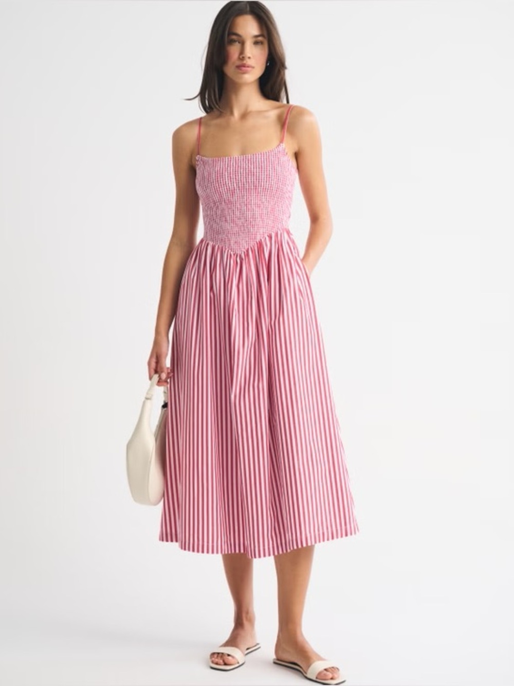 NWT Abercrombie A&F Sydney Smocked Dipped-Waist Midi Dress in Red Stripe XXS